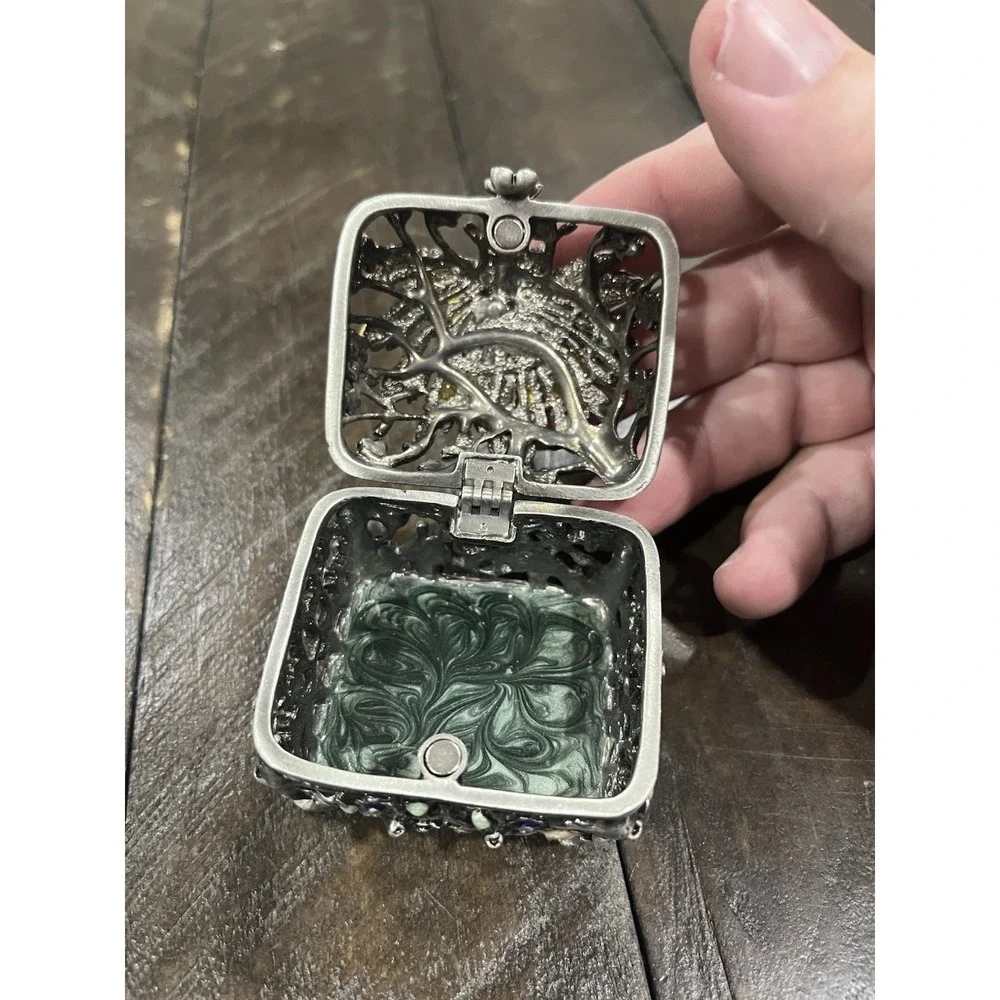 Vintage Peacock Enamel Rhinestone Floral Tree Footed Trinket‎ Box Heavy Hinged